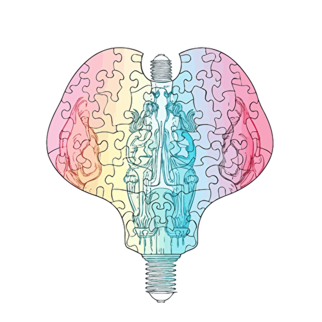 poeple putting a 4 piece puzzle in the shape of a light bulb together, neon, anime, contour, vector, white background, detailed