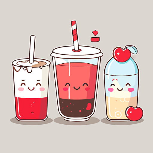 3 cute Japanese drinks smilling red and white. Vector style. 2D. Drawing.
