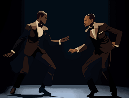 vector illustration of a black men are wearing tuxedos running around on stage, and slapping a brown skin man on stage, in firmin baes, carrie mae weems, emotive body language, harsh angles, made of all of the above, strong facial expression