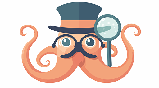 simplified flat art vector image of octopus, magnifying glass, tiny hat, white background