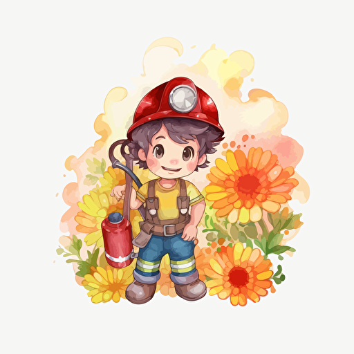 cute fireman, flowers, detailed, cartoon style, 2d watercolor clipart vector, creative and imaginative, hd, white background