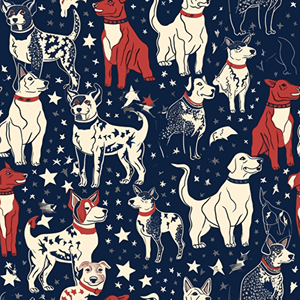 detailed vector illustration of proud dogs having fun, negative space inbetween dogs USA Flag Colors, 4th of July Theme, no watermarks