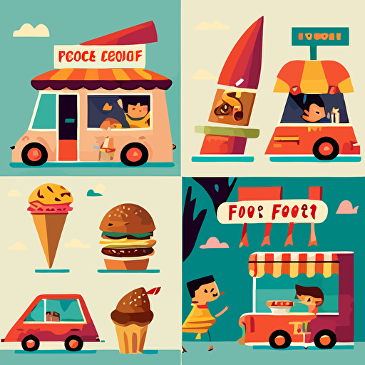 fastfood, multiple angle ,children's book illustration style, simple, cute, full color, flat color,vector