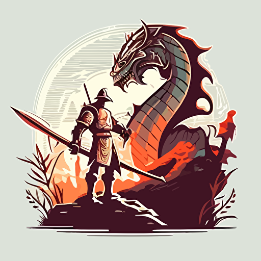 simple vector illustration of a warrior who is standing in front of a big dragon, battle scene, retro colors, logo