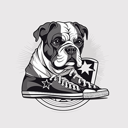 vector logo of American Bulldog wearing sneakers. Black, white, and grayscale.