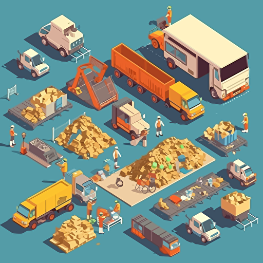 Garbage collection, sorting and recycling isometric flowchart, flat vector illustration