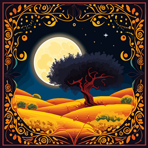 square artwork of a dreamy midnight full moon shinning over Tuscany olive tree fields. corners of the design decorated with traditional italian fleur-de-lis style ornate borders. All artwork designed with vivid, warm yellow, orange and deep red colors usign basic vector art without shading