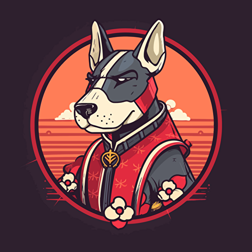 logo design, flat 2d vector logo of a battle warrior bull terrier wearing kimono suit, red and black colors