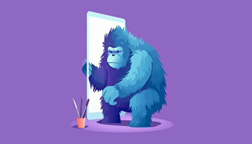 a cute purple yeti with a paint brush painting a computer, negative space, in the style of minimal retouching, aluminum, ultra hd, gorpcore, odilon redon, leica i, sparse and simple, light gradient background, simple vector