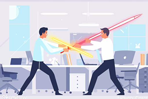 lightsaber battle in an office between 2 employees, flat style illustration for business ideas, flat design vector, industrial, light and magical, high resolution, entrepreneur, colored cartoon style, cad( computer aided design) , white background