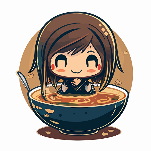 anime girl sitting in a big bowl of miso soup, 2d, vector art, cute, chibi, smiling, happy, mouth open
