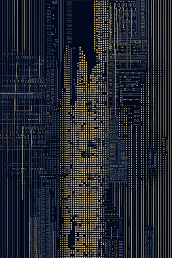seamless wallpaper made of digital binary barcode data, vector dot matrix, futuristic zigguart sea theme, ocean, ultra-sharp intricate details, navy and gold, dark indigo and dark grey