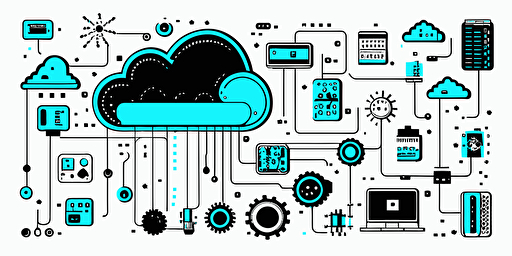 vector minimalistic illustration, very simple, networking, cloud, electronic board, IoT internet of things, all connected, white background, light blue and black components,