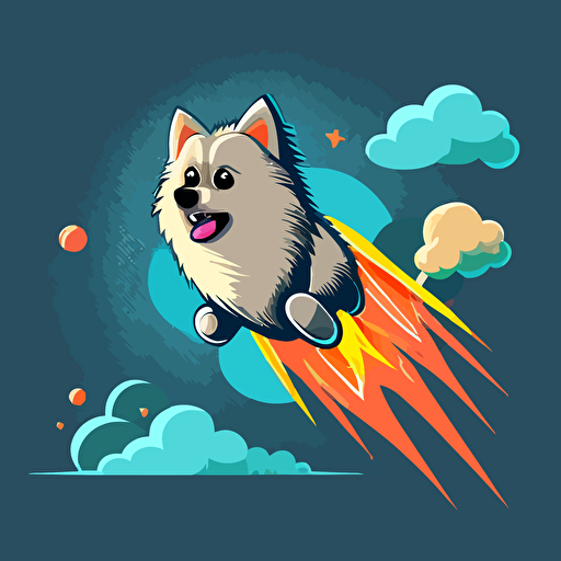 keeshond dog flying a rocket, simple vector art, cartoon style, Adobe Illustrator style art ::