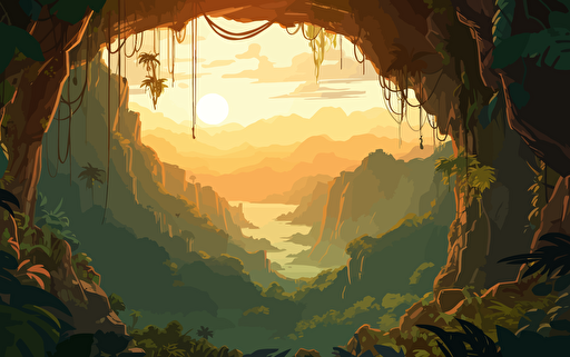 Looking out from the edge of a tropical cave, filled partially with vines and vegetation, looking out into a vast landscape of lush jungle trees covered in vines and leaves with mountain peaks in background with the sun shining through the clouds high quality cartoon style warm lighting early morning vibe vibrant dramatic lighting vector illustration