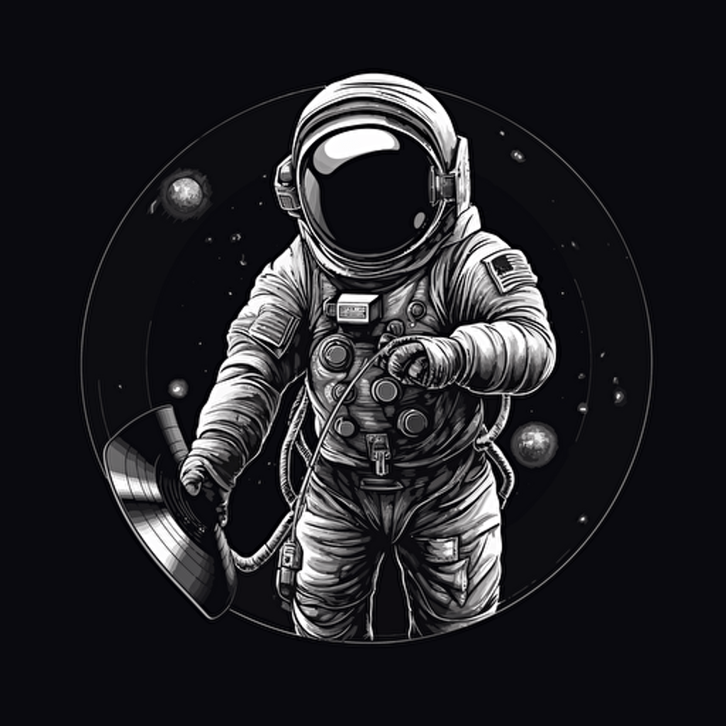an astronaut holding a big vinyl,his whole body can be seen, 2d vector on black background