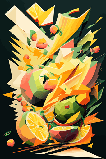 mango and hops explosion, inferno, Neo-Cubism, layered overlapping geometry, geometric fauvism, layered geometric vector art, maximalism; V-Ray, angular oil painting
