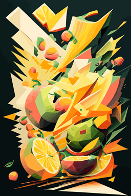 mango and hops explosion, inferno, Neo-Cubism, layered overlapping geometry, geometric fauvism, layered geometric vector art, maximalism; V-Ray, angular oil painting