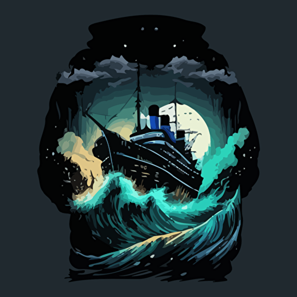big ship looking like titanic cruising on ocean, night sky, vector image, hoodie design