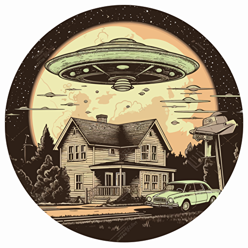 ufo delivering pizzas design, suburban night scene, retro, 2d, vector, white background