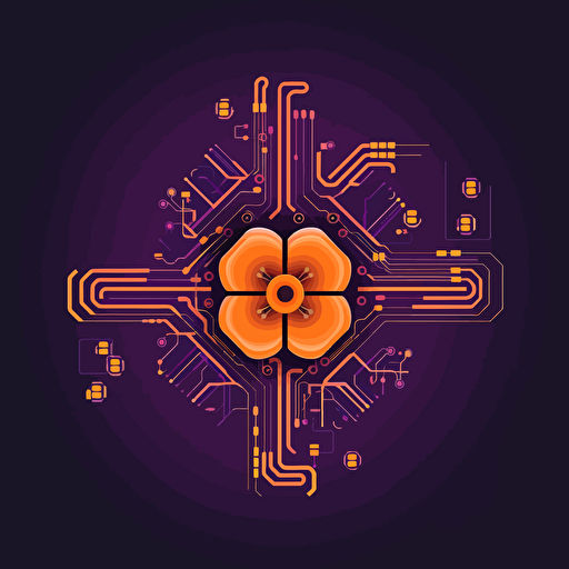 a lovely vector logo of a simple cybernetic flower, with circuit board imagery, orange and purple undertones.