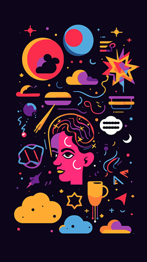 Creativity expression in vector art, minimal style, space, stars, sky, cartoon style, duolingo style, objects with a black stroke, beautiful colors, pastel and neon background