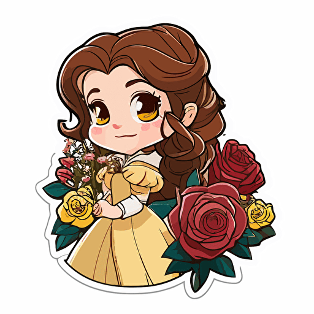 chibi Disney, princess belle from beauty and the beast with roses sticker design with transparent background vector file