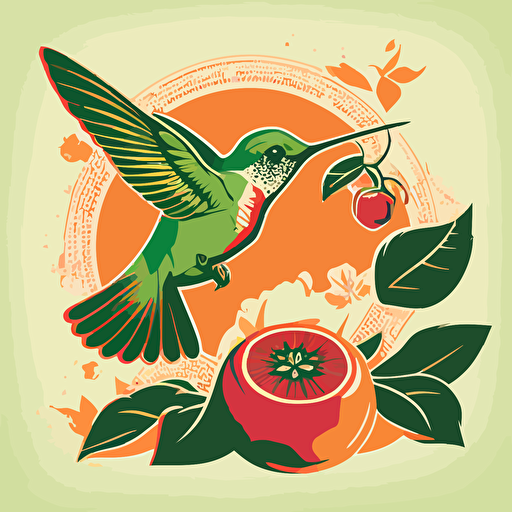 Pop Art Deco Hummingbird and fruits, Vector, Logo, green, pink, orange