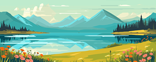 Cartoon flat panorama of spring summer beautiful nature, green grasslands meadow with flowers, forest, scenic blue lake, mountains on horizon background, mountain lake landscape vector illustration, limit colors, vector stylet, flat colors, minimal, svg style, no gradient