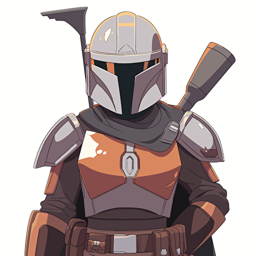 A beautiful female mandalorian, goofy looking, smiling, minimalistic, flat light, white background, vector art , pixar style