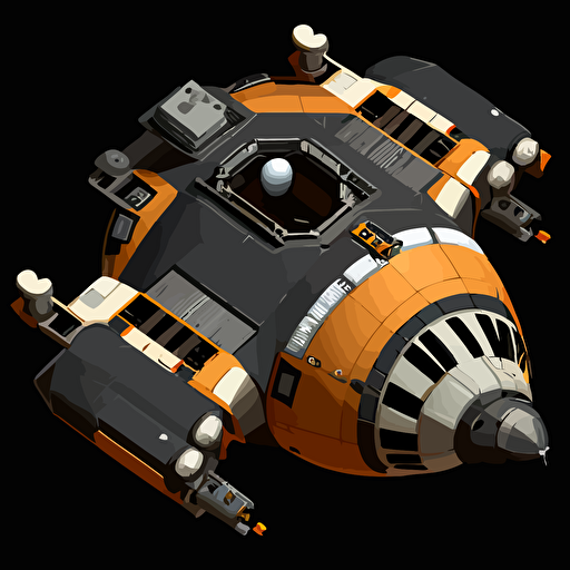 heavy duty space ship, round, vector, simple, top down, isometric, orange and grey, black background