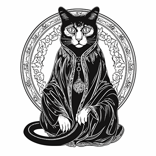 Hans Memling style illustration vector of horror cat, no color, no shading, black and white, white background