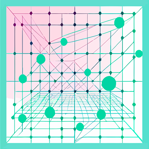 simple vaporwave inspired vector illustration of an angled square grid with connecting nodes on top, minimalistic, white vector on a background with #404040 as the color
