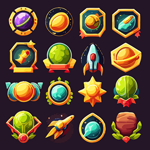 Space game achievement badge set, planet, drill, vector, plain background
