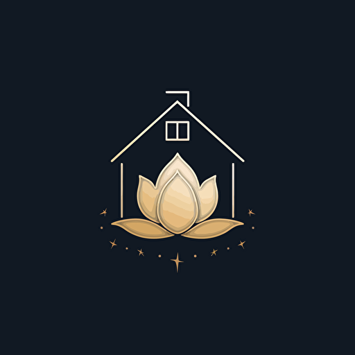 simple geometric iconic logo of a cute house inside a lotus flower, white vector, on black backgroung