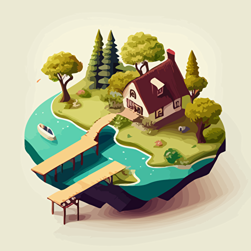 Cartoon vector isometric image of a house on a small island over a large lake with a bridge leading to it