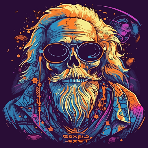 Grateful dead, cyberpunk old man vector style, psychadelic, 1970's era, vector style