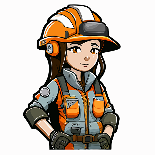 A vector cartoon style female gold miner with white hardhat and orange workwear
