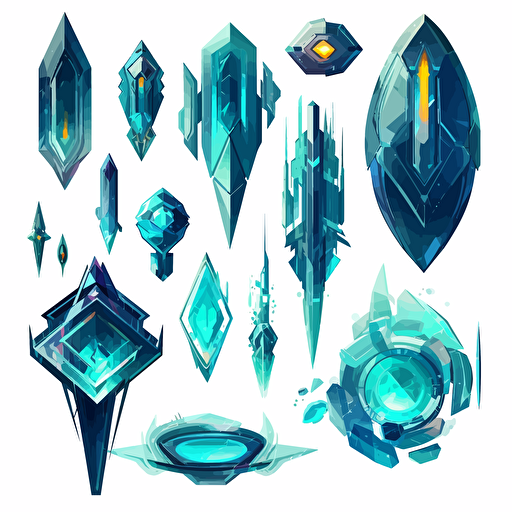 Collection of futuristic cut jewels, cyber punk, translucent, shiny object, high detail, symmetrical, vector, cartoon, white background
