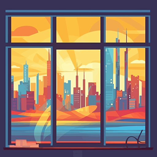 dubai cityskyline flat cartoon style vector illustration viewed through an office window in colloour pallete of red, yellow and blue