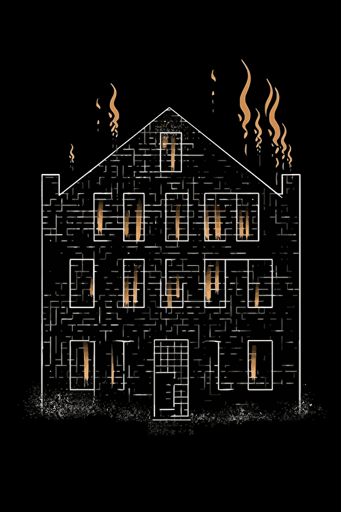 flat vector logo of a burning house, binary picture, black and white