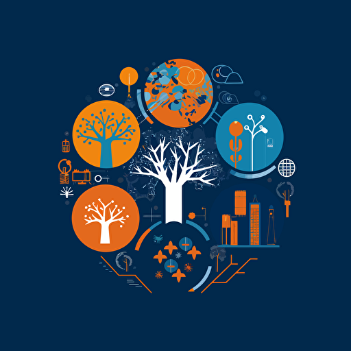 A picture that symbolize future, experiential sustainability, learning, Vector Syle, dark background, blue, white, orange
