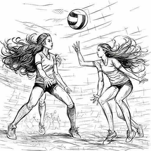 girls playing volleyball,vector black and white illustration,