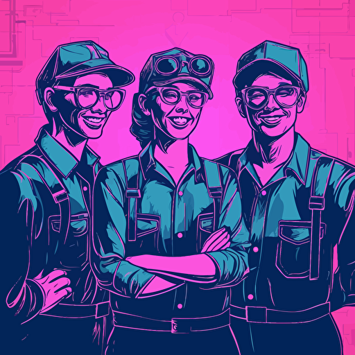 Group of Happy smiling engineers. popart style, meme style, vector art, colors dark blue and pink
