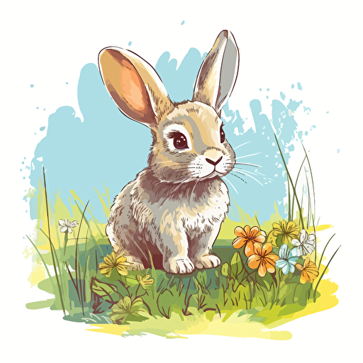 baby bunny in a green meadow vector, detail design, colorful, contour, white background