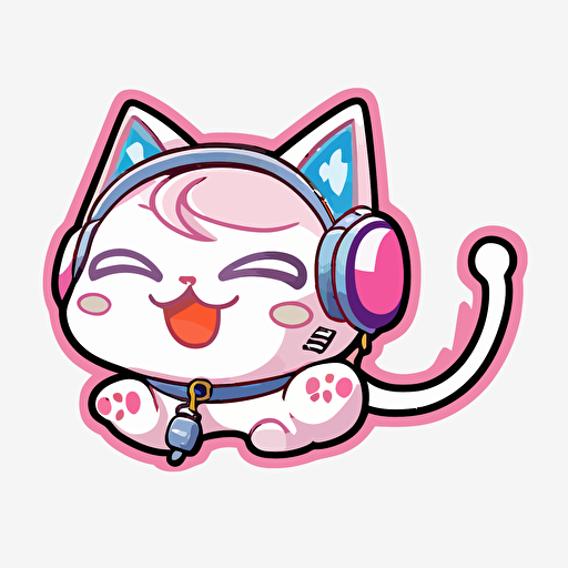 Expression: Excited meow, Action: Racing around the room, digital drawing cartoon sticker, is a cat wearing headphones, kawaii, contour, vector, transparent background, 2D