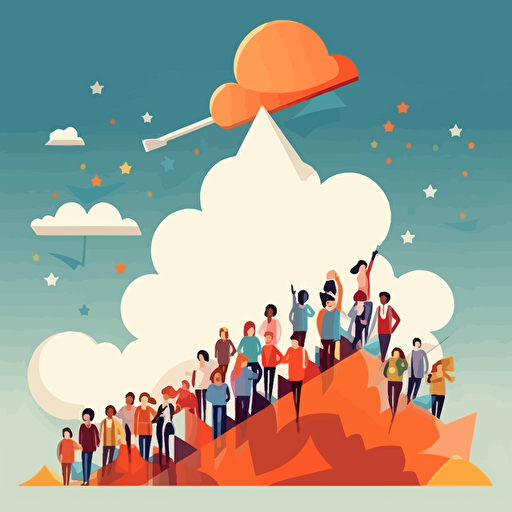 students at a big arrow, clouds vector style