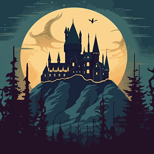harry potter hogwarts, alternative mondo movie poster, silhouette, minimal illustration, vector art, dkng style, 5 retro colours