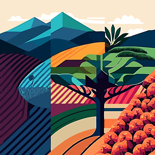landscape coffee crops illustration, coffee bean, grower, 2d vectors, geometric, colors inspired by Colombia