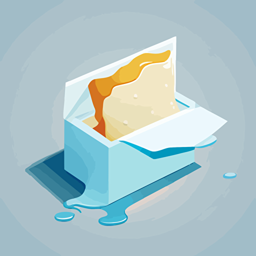 A white mail envelope encased within a block of ice. This block of ice is resting on a table and melting very slightly. flat style illustration for business ideas, flat design vector, industrial, light color pallet using a limited color pallet, high resolution, engineering/ construction and design, colored cartoon style, light indigo and light gold, cad( computer aided design) , white background
